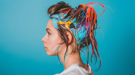 A teenager experimenting with colorful temporary hair dyes for a fun and vibrant look.の素材