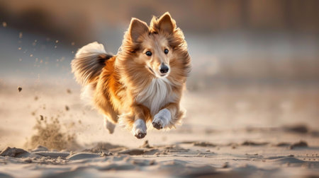 A Sheltie running on a beach with ears flopping, enjoying the freedom of open space.の素材