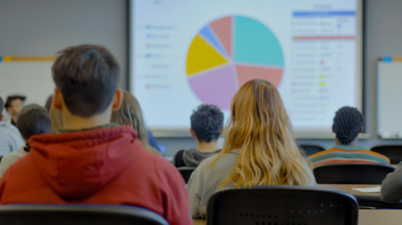 A student analyzing educational data represented in a pie chart during a classroom lecture.の素材