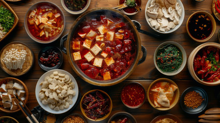 A traditional Chinese hot pot with a variety of dipping sauces and tofu options.の素材