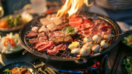 A tabletop hot pot grill with assorted meats and vegetables sizzling over an open flame.の素材