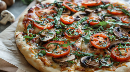 A vegetarian pizza topped with assorted mushrooms, fresh tomatoes, and melted cheese.の素材