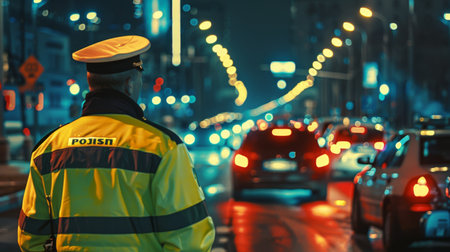A traffic police officer directing vehicles at a congested intersection.の素材