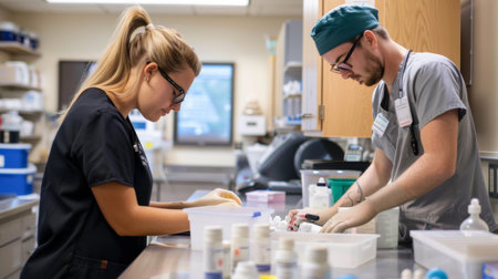 A veterinarian and assistant preparing medications for a patient in a veterinary hospital.の素材
