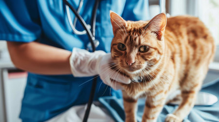 A veterinarian examining a cat with a stethoscope in a modern veterinary clinic.の素材