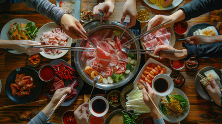 Friends enjoying a cozy hot pot dinner party with a variety of dipping sauces and meats.の素材