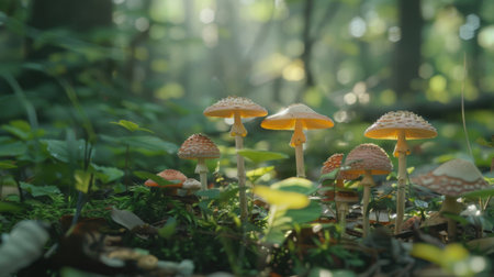 A variety of wild mushrooms growing in a forest clearing, bathed in soft morning light.の素材