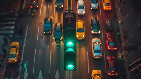 A traffic light changing to green with cars moving forward in different lanes.の素材