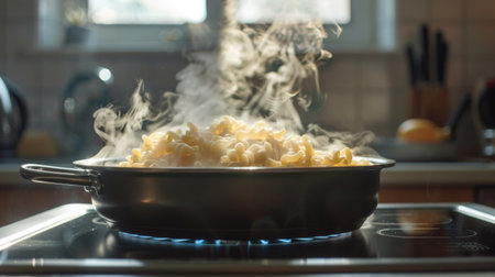 Steam rising from a pot of boiling pasta on a modern induction cooktop.の素材