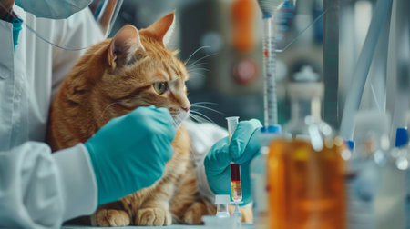 A veterinary technician taking blood samples from a cat for diagnostic testingの素材