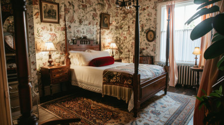 A vintage bedroom with retro wallpaper, a four-poster bed, and antique furnishings.の素材