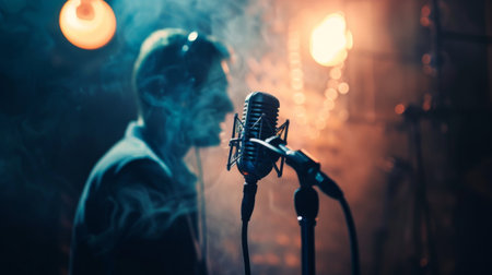 A vocalist recording in a soundproof booth, singing into a professional studio microphone.の素材