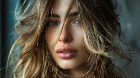 A woman with layered hair showcasing different layers and textures in a portrait setting.の素材