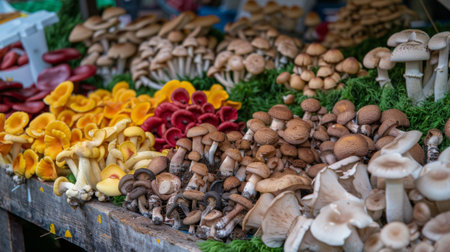Different types of mushrooms displayed at a farmer's market stall, vibrant and colorful.の素材