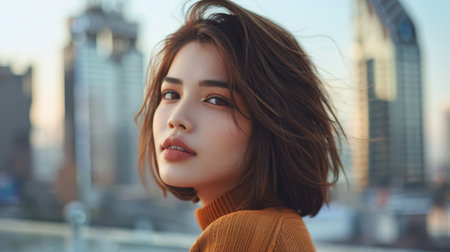 A young woman with a chic bob haircut posing confidently against a city skyline.の素材