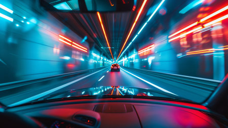A view of a car driving through a tunnel with lights reflecting off the walls.の素材