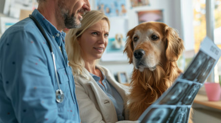 A veterinarian showing X-ray results to a concerned pet owner in a clinic office.の素材