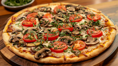 A vegetarian pizza topped with assorted mushrooms, fresh tomatoes, and melted cheese.の素材