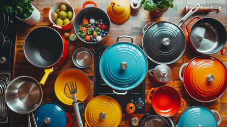 Overhead view of a colorful assortment of pots and pans on a kitchen counter.の素材