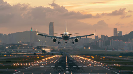 An airplane taking off or landing at a busy airport, with the city skyline in the background.の素材