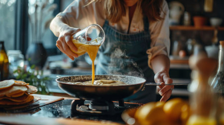 A woman pouring batter onto a hot griddle to make pancakes for breakfast.の素材