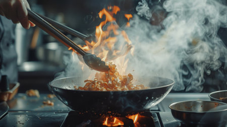 Chef cooking a delicious stir-fry in a sizzling hot wok.の素材