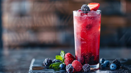 Mixed berry juice in a tall glass with fresh berries as garnish.の素材