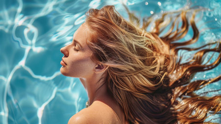 A woman with beachy waves hairstyle enjoying a summer day by the poolside.の素材