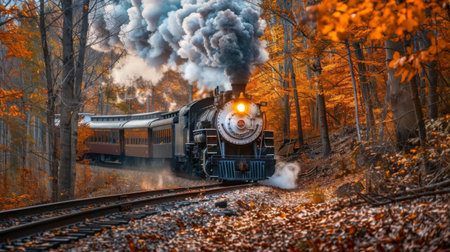 A vintage steam locomotive chugging along historic tracks surrounded by autumn foliage.の素材