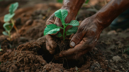 Close-up of hands holding a tree sapling and checking its roots before plantingの素材