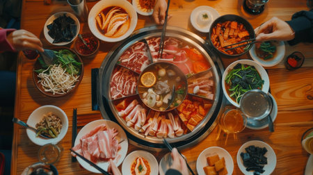 Friends enjoying a cozy hot pot dinner party with a variety of dipping sauces and meats.の素材