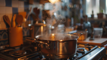 Close-up of a boiling pot of soup on a gas stove in a cozy kitchen.の素材