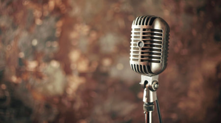 A vintage microphone on a stand, with a retro-themed background.の素材