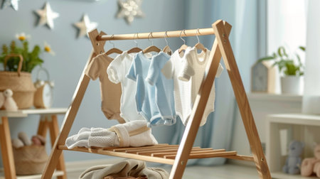 A wooden drying rack with freshly washed baby clothes drying in a cozy nursery.の素材