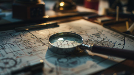 Close-up of a magnifying glass held over a detailed scientific diagram on a desk.の素材