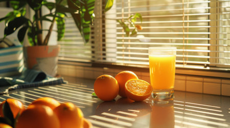 Oranges and orange juice displayed on a kitchen counter with morning sunlight filtering through blinds.の素材