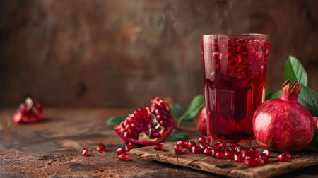 Glass of pomegranate juice with pomegranate seeds scattered around.の素材