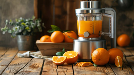 Fresh oranges and a juicer on a wooden table, ready for making homemade orange juice.の素材