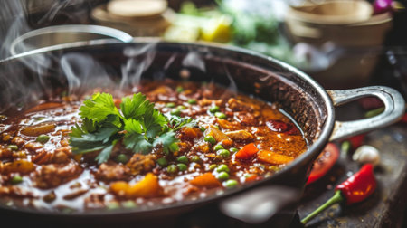 Pot of simmering curry with spices and herbs bubbling in a rustic kitchen.の素材