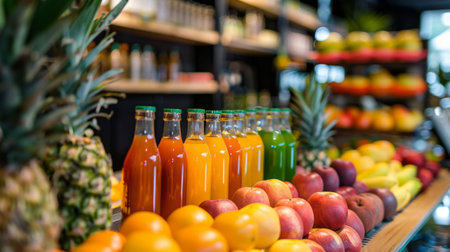 Juice bar with a colorful display of fresh fruit and juice bottlesの素材