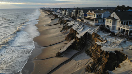 Coastal erosion and rising sea levels due to global warming, threatening seaside communities.の素材