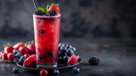 Mixed berry juice in a tall glass with fresh berries as garnish.の素材