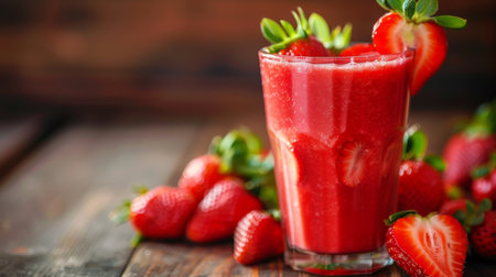 Freshly blended strawberry juice in a glass with whole strawberries around.の素材