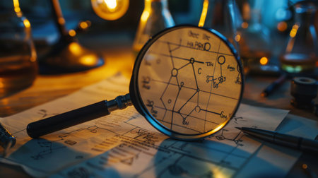 Close-up of a magnifying glass held over a detailed scientific diagram on a desk.の素材