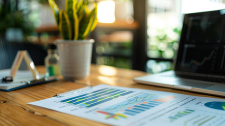 An office desk with a printed scatter plot graph and a laptop showing related digital data.の素材