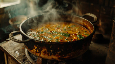 Pot of simmering curry with spices and herbs bubbling in a rustic kitchen.の素材