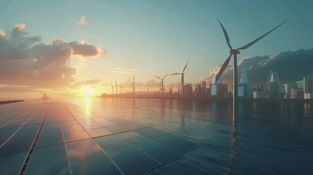 Renewable energy solutions like solar panels and wind turbines, combating global warming.の素材