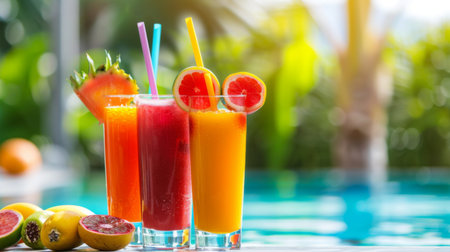 Tropical fruit juice cocktails with colorful straws and fruit garnishes at a poolside bar.の素材