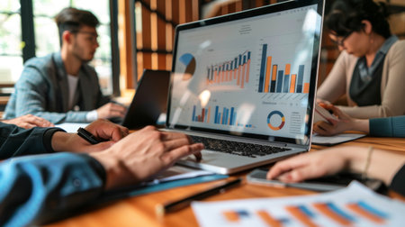 A business meeting with participants reviewing graphs on a projector screen.の素材