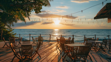 A beachside cafe with tables set up on a wooden deck overlooking the calm sea at sunset.の素材